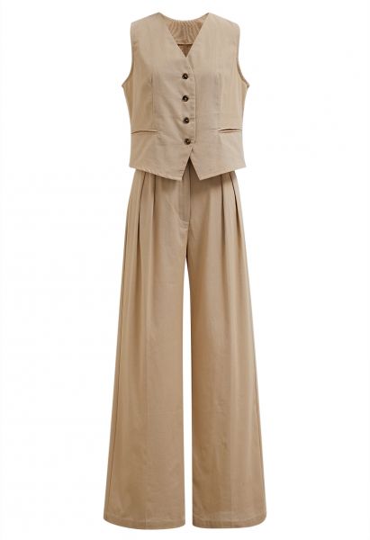 Linen-Blend Button Down Vest and Pants Set in Tan
