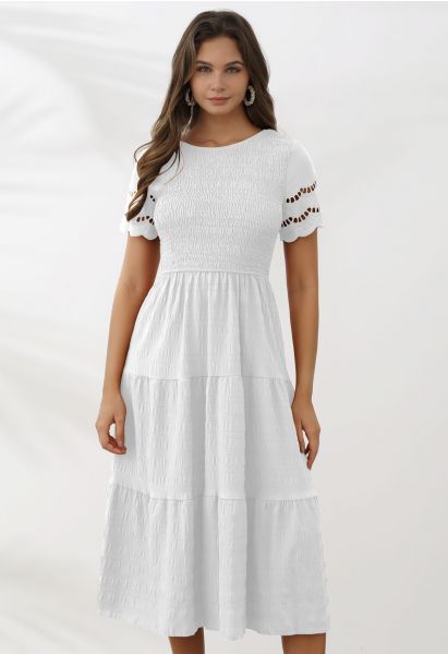 Cutwork Sleeve Shirred Bodice Midi Dress in White