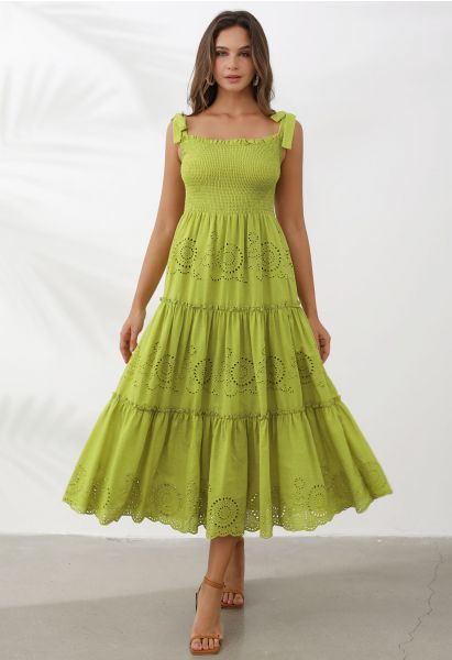 Lime Embroidery Shirred Tie-Strap Maxi Dress