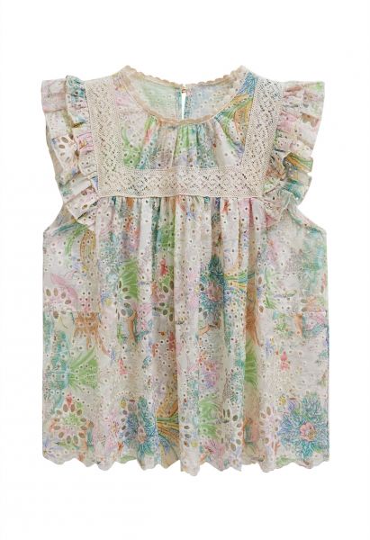 Floral Printed Eyelet Embroidered Sleeveless Dolly Top in Green