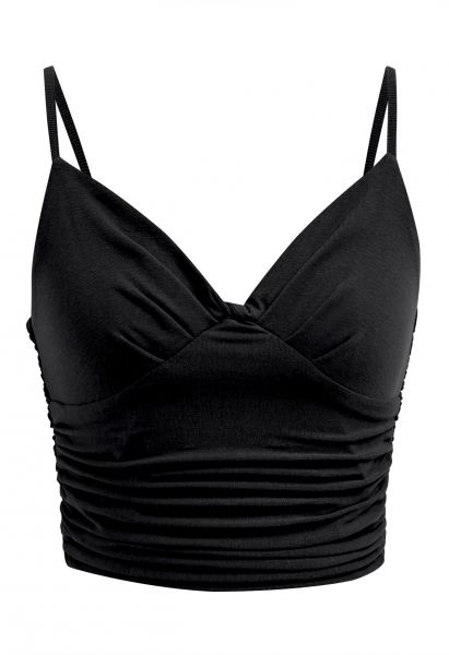 Knotted V-Neck Ruched Crop Cami Top in Black