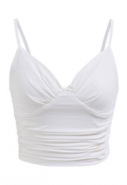 Knotted V-Neck Ruched Crop Cami Top in White