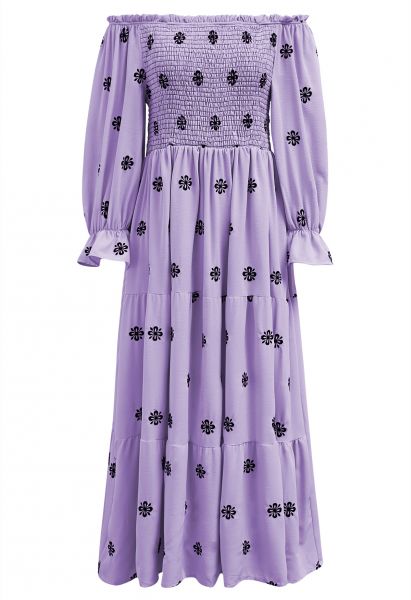 Black Floral Embroidery Shirred Midi Dress in Lilac