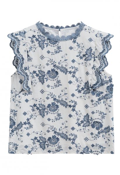 Blue Floral Embroidery Ruffle Sleeveless Cotton Top
