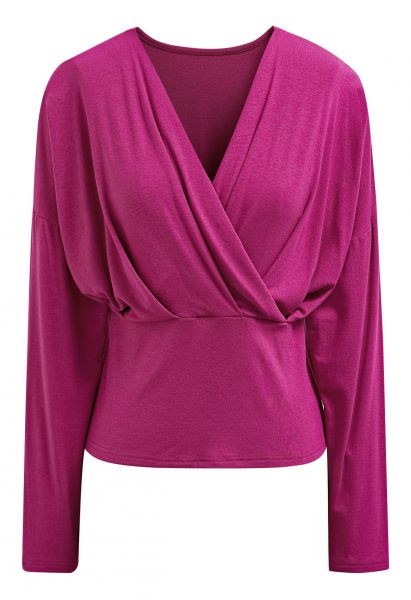 V-Neck Faux-Wrap Long Sleeve Top in Magenta