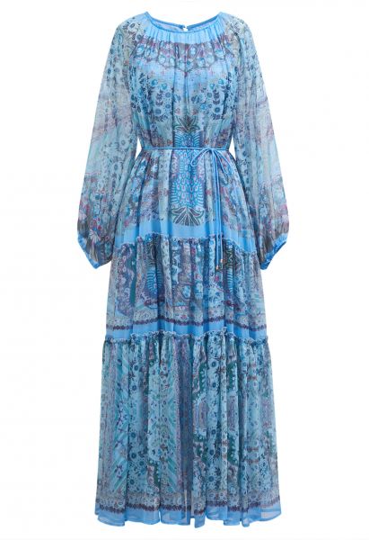 Mystic Garden Bubble Sleeve Ruffle Maxi Dress in Blue