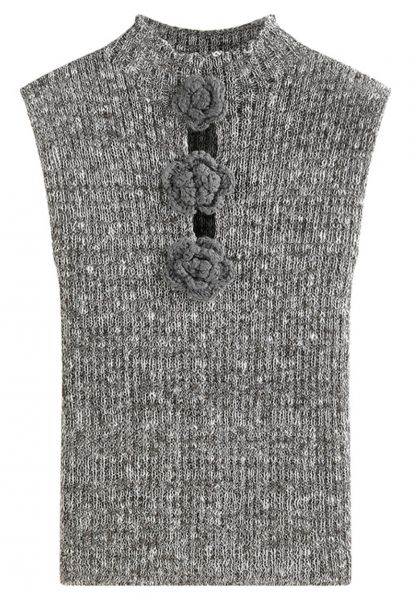 3D Crochet Flower Sleeveless Knit Top in Grey