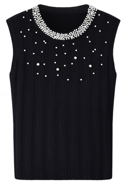 Pearl Trimmed Sleeveless Knit Top in Black