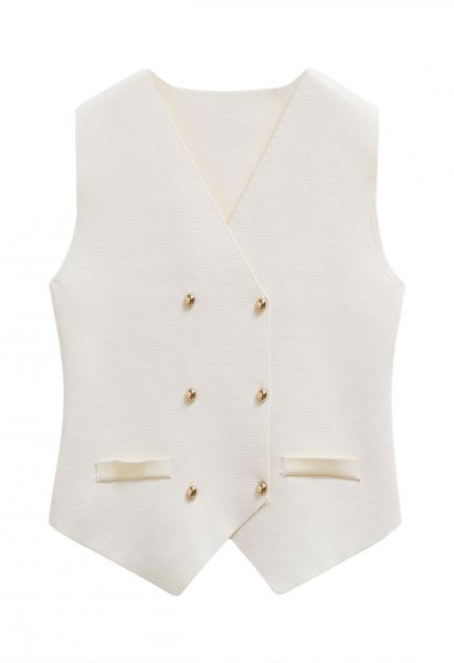 Asymmetric Hem Double-Breasted Knit Vest in Ivory