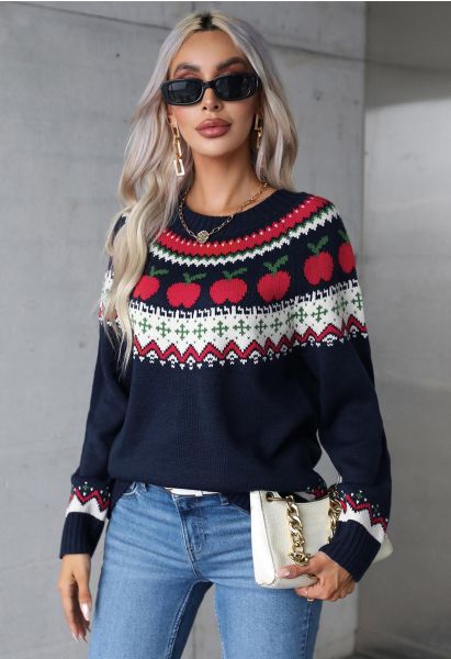 Apple Delight Long Sleeves Knit Sweater in Navy