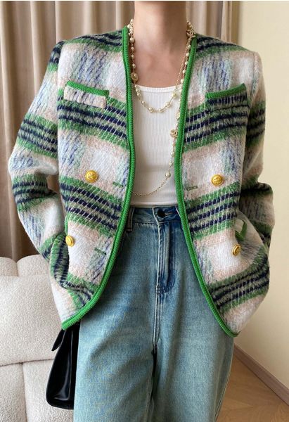 Retro Contrast Double-Breasted Fuzzy Coat in Green