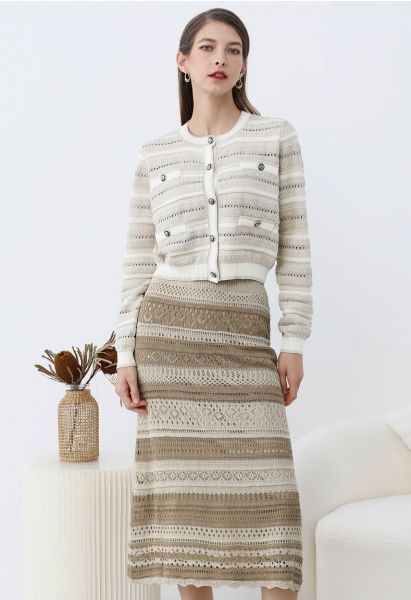 Striped Pointelle Lace Knit Midi Skirt in Oatmeal