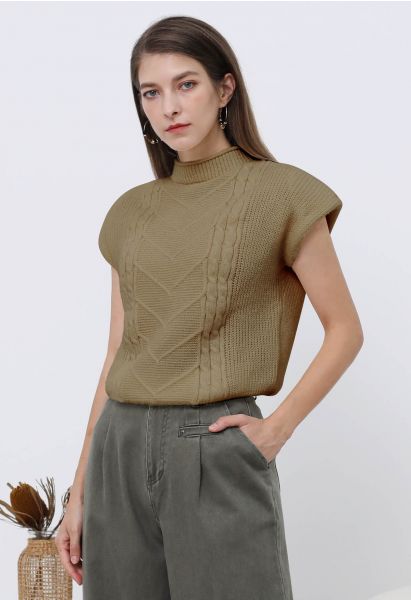 Mock Neck Padded Shoulder Cable Knit Top in Camel