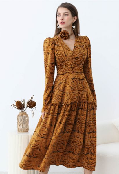 Fantastic Rose V-Neck Ruched Midi Dress with Choker in Pumpkin