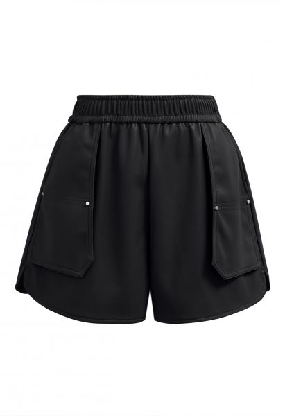 Patch Side Pocket Faux Leather Utility Shorts in Black