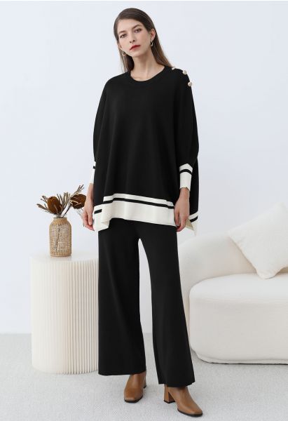 Contrast Detail Knit Poncho and Pants Set in Black