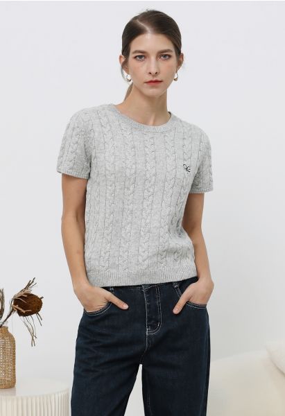 Embroidered Heart Braided Short-Sleeve Sweater in Grey