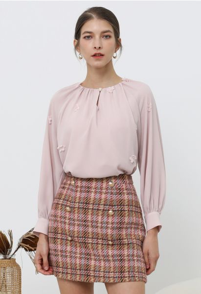 3D Floret Pearly Cutout Puff Sleeve Shirt in Pink