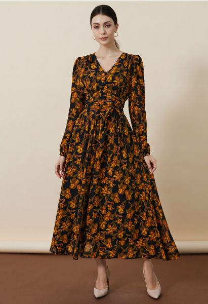 Floral Serenade V-Neck Chiffon Maxi Dress in Orange