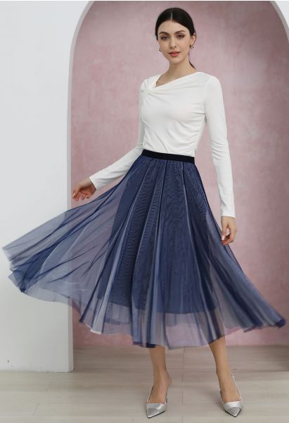 Mixture Color Panelled Tulle Maxi Skirt in Indigo