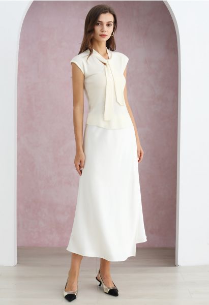 Satin Elegance Front Flap Maxi Skirt in White