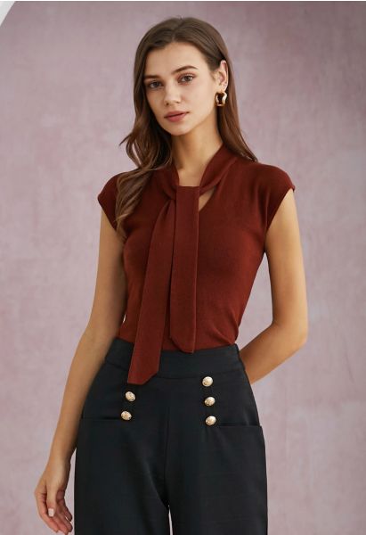 Ribbon-Tied Neckline Cap Sleeve Knit Top in Burgundy