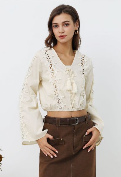 Swaying Flower Hollow Out Lace-Up Crop Top