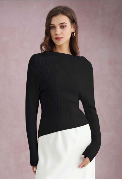 Slanted Hem Ribbed Knit Top in Black