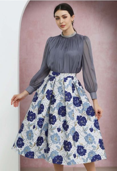 Ornate Floral Jacquard Pleated Flare Midi Skirt in Indigo