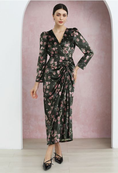 Rosy Elegance Drawstring Wrapped Velvet Maxi Dress in Smoke