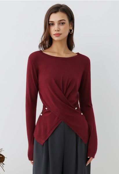 Fascinating Crisscross Buttoned Knit Top in Burgundy