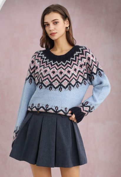 Nordic Charm Fair Isle Knit Sweater in Blue