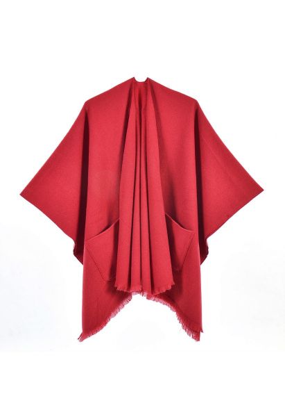 Whisper Soft Pocket Fringed Hem Poncho in Red