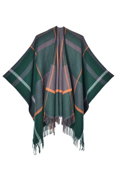 Geometric Grid Fringed Hem Poncho in Dark Green