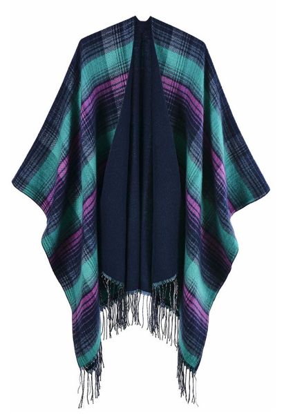 Classic Tartan Fringed Hem Poncho in Teal