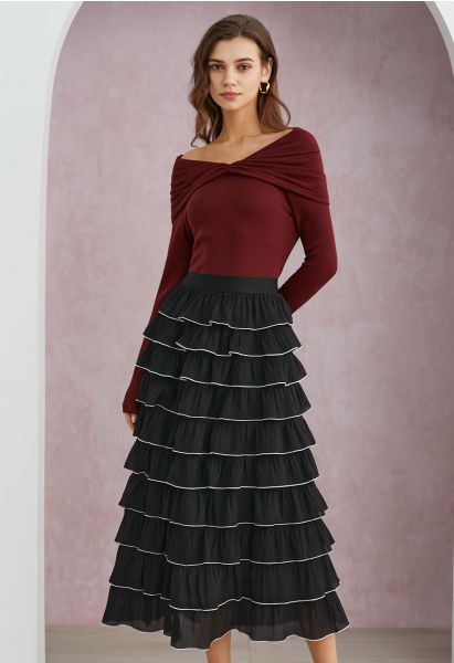 Contrasting Edges Tiered Ruffle Maxi Skirt in Black