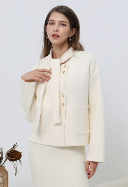 Detachable Tie-Neck Golden Button Knit Coat in Cream