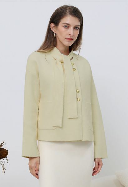 Detachable Tie-Neck Golden Button Knit Coat in Light Yellow