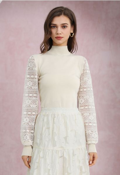 Mock Neck Embroidered Lantern Sleeve Knit Top in Cream