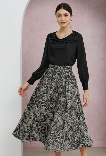 Delicate Roses Jacquard Embossed A-Line Midi Skirt in Black