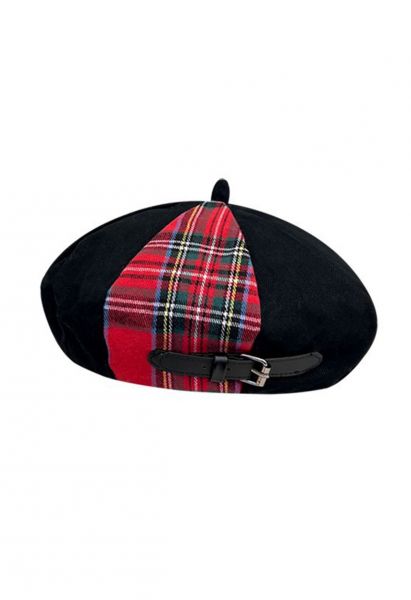 Color Block Red Plaid Belted Beret