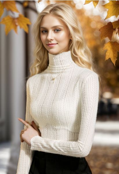 Fuzzy Ribbed Texture High Neck Top in White