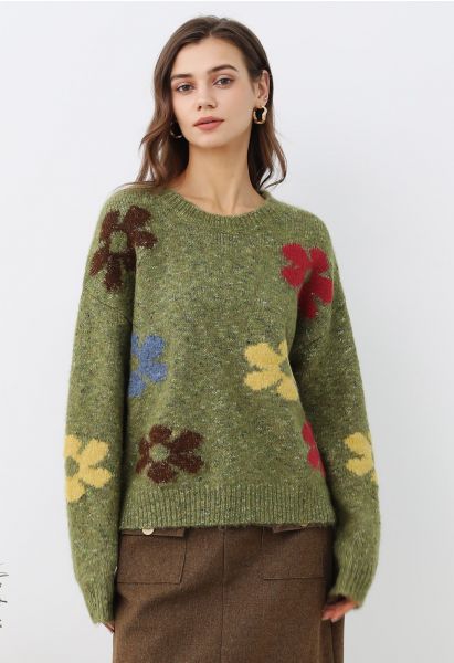 Multicolored Floral Pattern Fuzzy Knit Sweater in Moss Green