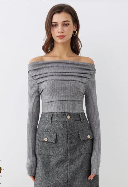 Ribbed Texture Off-Shoulder Ruched Cotton Top in Grey