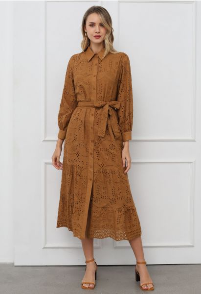 Delicate Eyelet Embroidery Tie-Waist Buttoned Midi Dress in Tan