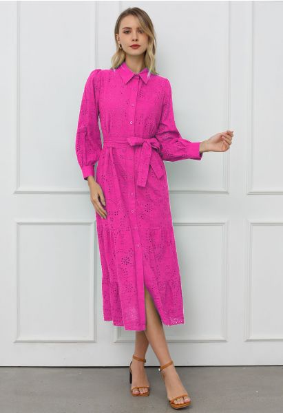 Delicate Eyelet Embroidery Tie-Waist Buttoned Midi Dress in Hot Pink