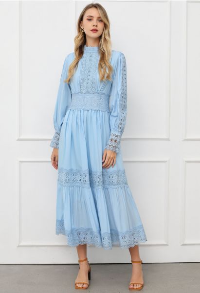 Victorian Elegance Cutwork Lace Maxi Dress in Baby Blue