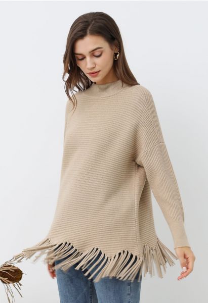 Asymmetric Fringe Hem Drop Shoulder Knit Sweater in Light Tan