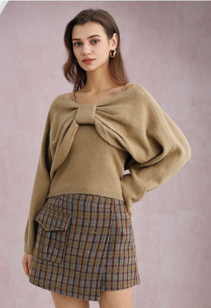 Mesmerizing Bowknot Cami Top and Sweater Set in Camel