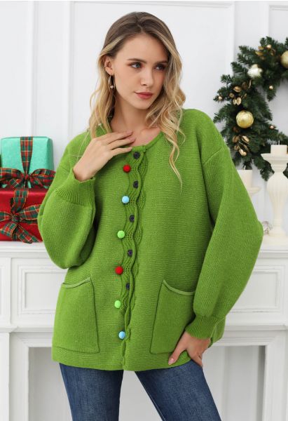 Colorful Pom-Pom Wavy Buttoned Patch Pocket Knit Cardigan in Green